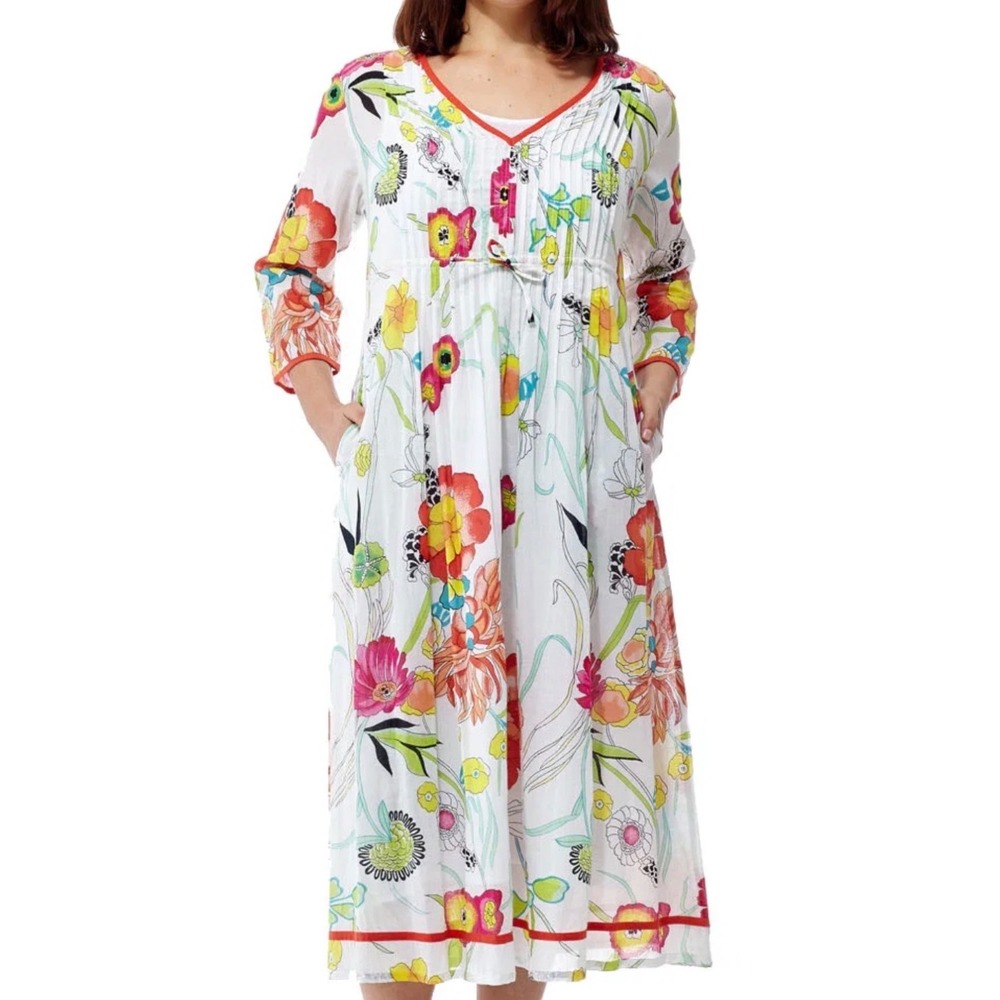 La Cera Women White Floral Cotton Lawn Pintuck V-Neck Midi Dress Pockets Medium